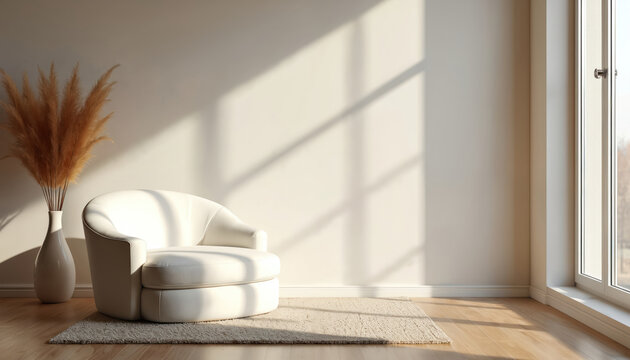 Modern white armchair positioned near large window with sunlight creating geometric shadows on wall. Dried pampas grass in vase adds natural touch to minimalist living space.