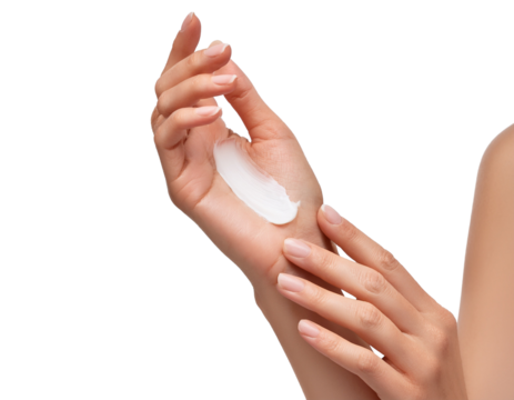 Woman’s hands massaging lotion into skin, white background