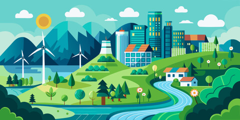 Eco-friendly living: nature meets city in a clean vector scene that blends green design with urban life