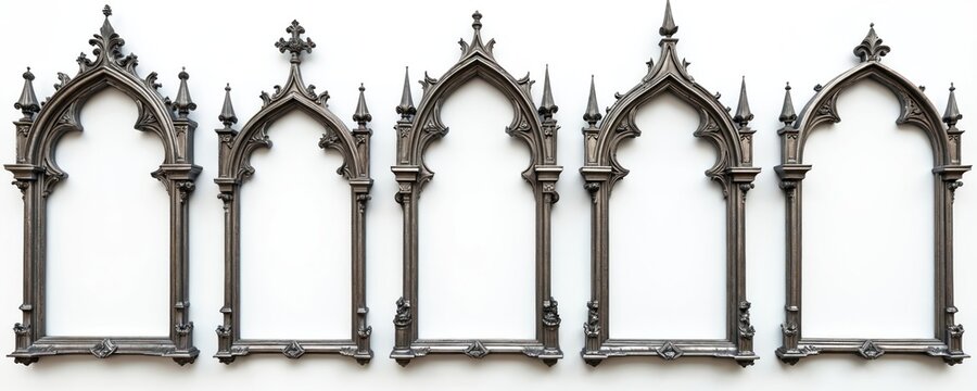 Five dark gothic ornate silver frames arranged on clean white background. Blank antique decor elements feature arched shapes, spires. Vintage classic museum art objects perfect for decorative design