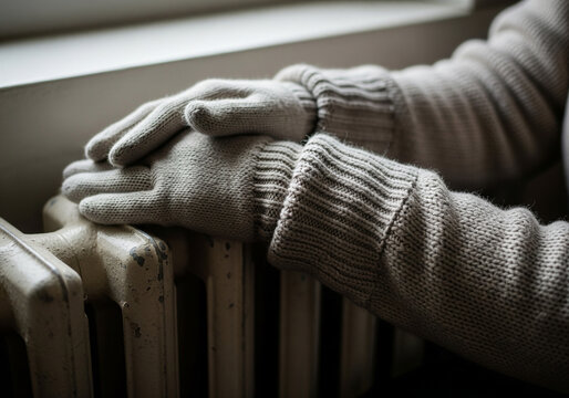 Home Heating Crisis Symbol; Cold Hands Reaching for Warm Radiator for mental health and self-care visuals, sustainability and climate awareness, social campaigns for elderly care or energy assistance