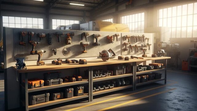Organized workshop interior with power tools and equipment on workbench in sunlight