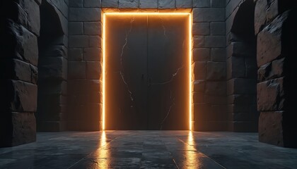 Obraz premium Dark room with stone walls and glowing door. Large stone door with cracks and orange light. Arched entrances on sides. Stone floor reflecting light. Minimal ancient temple fantasy game concept.