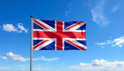 "Union Jack flag flying proudly on a pole against a bright blue sky with scattered clouds, symbolizing British unity and heritage."