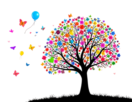 Colorful tree with butterflies and balloons isolated on transparent background
