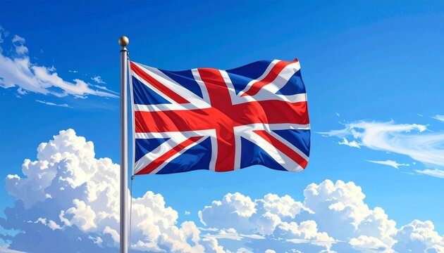 "Union Jack flag flying proudly on a pole against a bright blue sky with scattered clouds, symbolizing British unity and heritage."