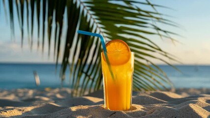 Refreshing beverage on sandy beach with palm leaf and ocean backdrop
