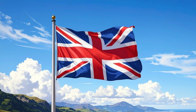 "Union Jack flag waving on a pole against a bright blue sky, symbolizing British unity and national identity."