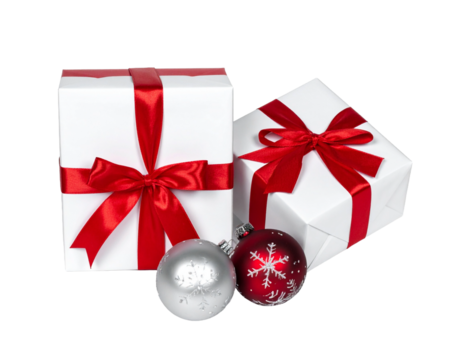 Two white gift boxes with red ribbon and bows, and two christmas ornaments isolated on transparent background