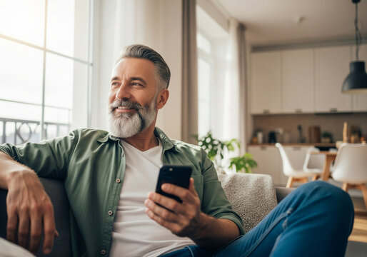 A thoughtful mature man with a gray beard and stylish haircut looking out a window while holding his smartphone and relaxing in a comfortable living room