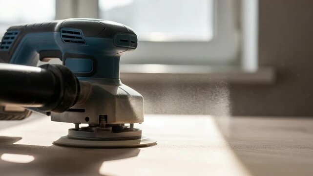 Electric orbital sander polishing wooden surface with dust particles in sunlight