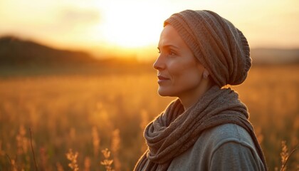 Empathetic woman in head wrap, scarf stands in golden field during autumn sunset. Looks reflective, thoughtful, finding peace, hope outdoors. Calm middle-aged lady enjoys quiet, peaceful moment in