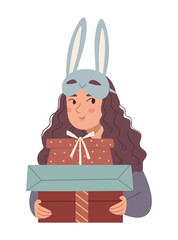 Festive girl with long curly hair, wearing a bunny mask and holding wrapped presents. Cute flat-style illustration perfect for winter holidays, greeting cards, and party designs.
