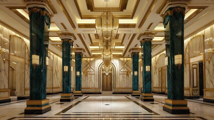 Opulent Art Deco Lobby Interior with Marble Columns, Gold Accents, and Striking Chandelier, Featuring Elegant Design and Architectural Grandeur - Powered by Adobe