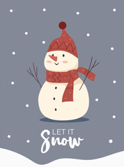 Charming snowman with a red hat and scarf in snowfall, paired with “Let it Snow” text. Cozy Scandinavian Christmas and winter style.