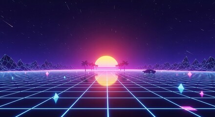 Retro Futuristic Grid Landscape with Neon Sunset and Palm Trees