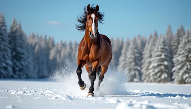 Powerful brown horse gallops in deep snow. Beautiful wild stallion runs free through winter field near forest. Strong animal moves with energy kicking up powder on sunny cold day. Majestic equine