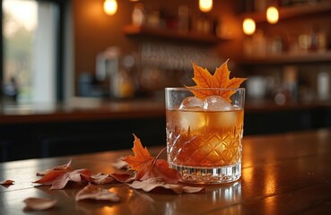 Autumn cocktail with ice in a crystal glass on a wooden bar counter. Drink is garnished with orange maple leaf among fall foliage. Cozy pub with warm lights.