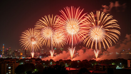 Fireworks over city with bright golden and red explosions at night  