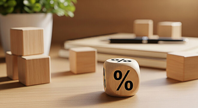 Percentage rate interest finance investment savings growth return profit margin discount sale promotion offer banking loan calculation wooden blocks