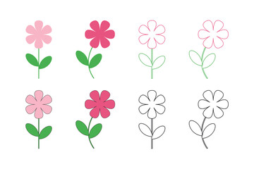 Simple flower icon set in flat, outline, and color styles. Minimal floral vector design for spring, nature, and decoration use.