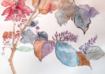 Autumn Leaves and Berries Watercolor Illustration - Delicate Hand-Painted Botanical Composition for Seasonal Designs