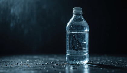 Clear water bottle with droplets, reflecting light in dark setting, creating serene atmosphere
