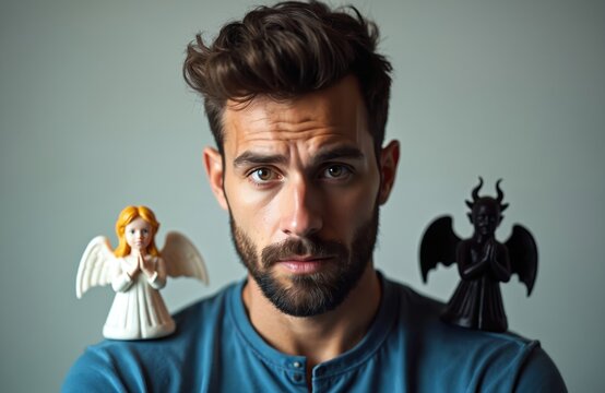 Man with thoughtful expression. Angel, devil figurines on shoulders. Concept of inner conflict. Man struggles with moral decision. Good vs evil. Conscience, temptation. Portrait of young adult with