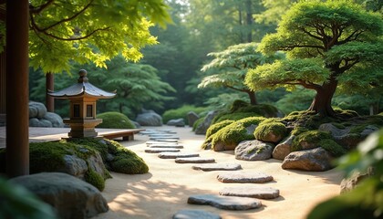 Serene Japanese zen garden with stone pathway, moss covered rocks, trees, lantern. Peaceful meditation space with nature, traditional architecture, stone steps, green trees, wooden gazebo near forest.