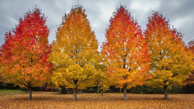 Vibrant Autumnal Display: Row of Deciduous Trees Showcasing Brilliant Fall Foliage with Red, Orange, and Yellow Leaves Under Cloudy Sky