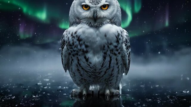 Snowy owl perched with northern lights background