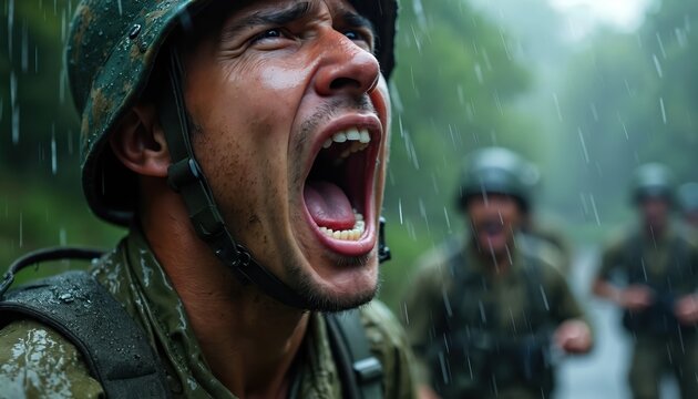 Soldier yells in rain during military training. Close up of face reveals intense emotion, determination, and struggle. Army group in background. War portrait of man with helmet screaming in conflict.