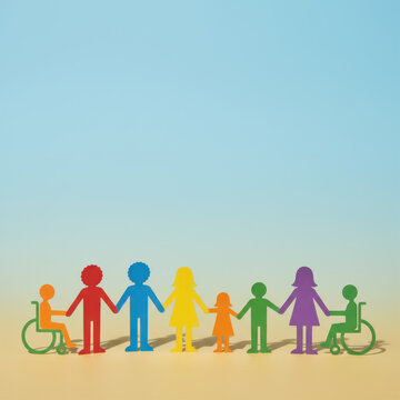 Inclusion and Equality Concept with Paper Cutout Figures Including Wheelchairs, Paper Chain of People Representing Diversity, Human Rights, and Acceptance