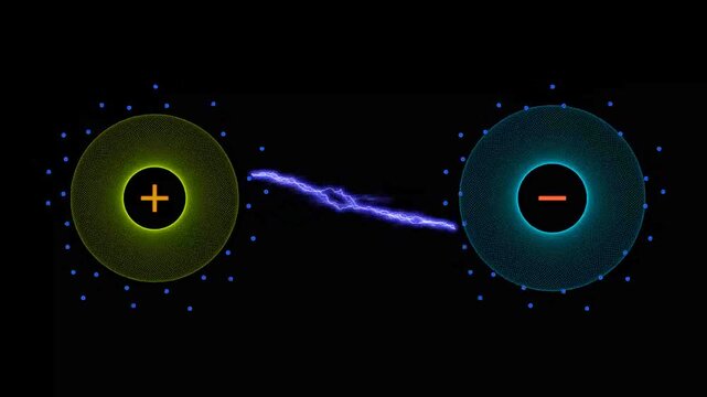 Interaction between positive and negative particles. Electric field between positive and negative particles. Magnetic interaction between positive and negative particles.