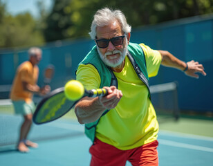 Grey haired senior man with beard, sunglasses plays pickleball on sunny blue outdoor court. Energetically hits yellow ball with paddle during active game. Another older man waits. Healthy seniors