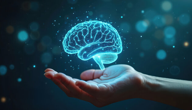 Glowing digital brain floats above open hand. Futuristic mind concept with blue light particles and bokeh effects. Represents ideas, thought, and artificial intelligence.