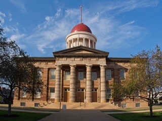 Historic Old State Capitol Building with Red Dome in Springfield, Illinois on a Sunny Day (frontal view)