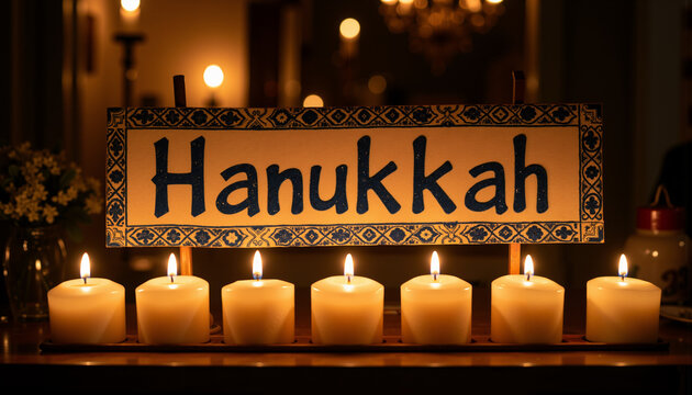 Hanukkah banner sign glowing under warm candlelight at night, modern style  