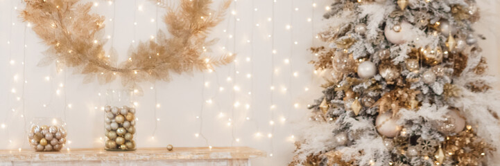 New Year's interior. Christmas tree in a light style and light interior. Festive atmosphere.