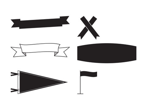 Set of Black and White Ribbon Banners and Flags Vector Illustration
