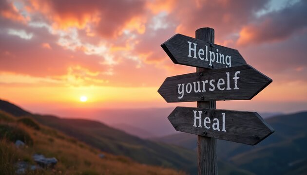 Wooden signpost with Helping yourself Heal text sits in mountains at sunset. Sky glows with orange and pink clouds over distant hills. Represents self care and recovery journey.