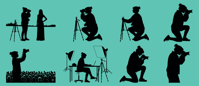 Vector silhouettes of photographers working with cameras and studio equipment — people taking photos, using tripods, shooting portraits, working with lighting, photographing models, and taking picture