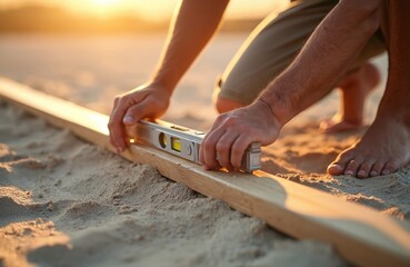 Man uses spirit level on wooden plank on sand during golden hour. Barefoot builder checks surface evenness for construction project. Domestic DIY home improvement.