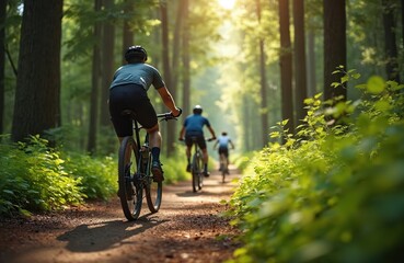 Group of cyclists ride on forest trail surrounded by tall trees, plants on sunny day. Men on bicycles travel through woodland path enjoying outdoor adventure, fresh air. Cyclists pedaling on dirt