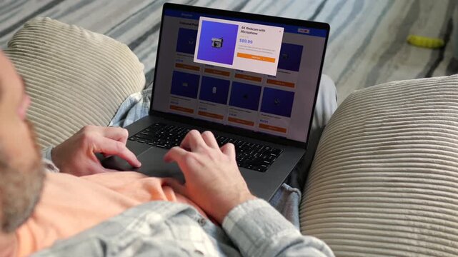 Man in White and Gray Flannel Shirt Online Shopping - E-Commerce Technology at Home Concept