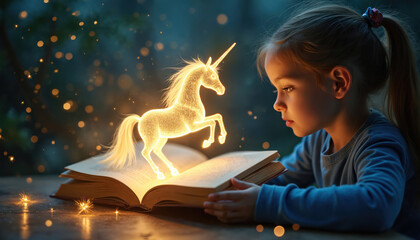 Young girl reads open book. Glowing unicorn appears from pages. Magic sparks fly. Child immersed in fantasy story. Imagination comes alive before her eyes.