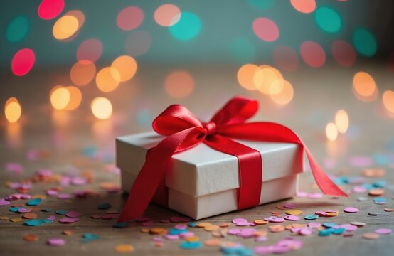 White gift box with red ribbon sits on wooden floor with colorful confetti scattered around. Blurred bokeh lights in background suggest celebration and special occasion.