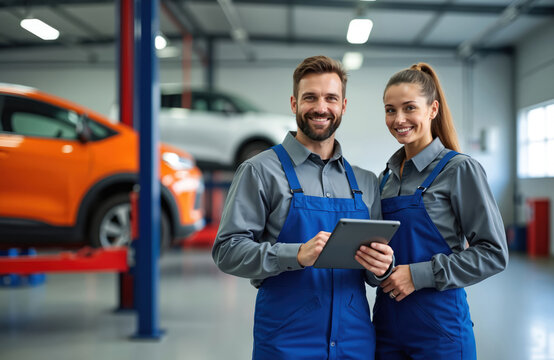Two cheerful mechanics at modern auto service workshop. Man and woman wear uniform. They hold tablet, look at camera and smile in car repair shop. Garage background. Auto business concept.
