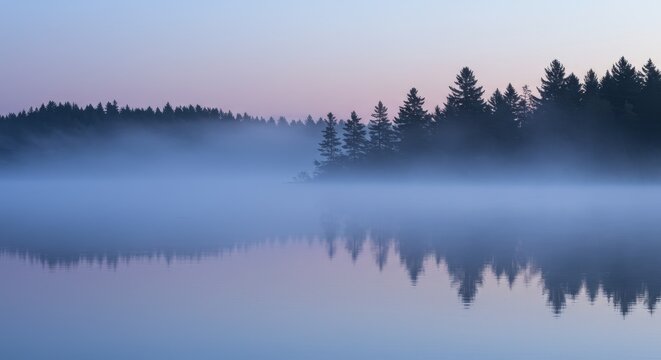 A serene, misty lake at dawn or dusk reflects the dark silhouette of a dense pine forest under a soft, twilight sky.