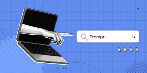 Trendy Halftone Collage Artificial intelligence and digital technology. Hand types in search bar using AI ​​Prompt. AI powered search engine. Generate content. Contemporary vector illustration art